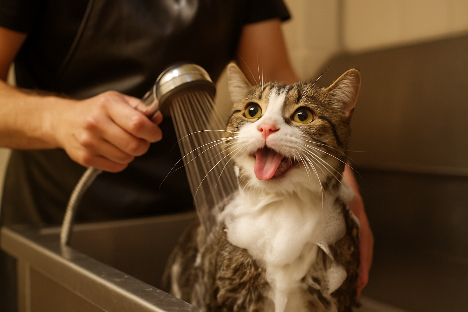 Happy cat getting a bath